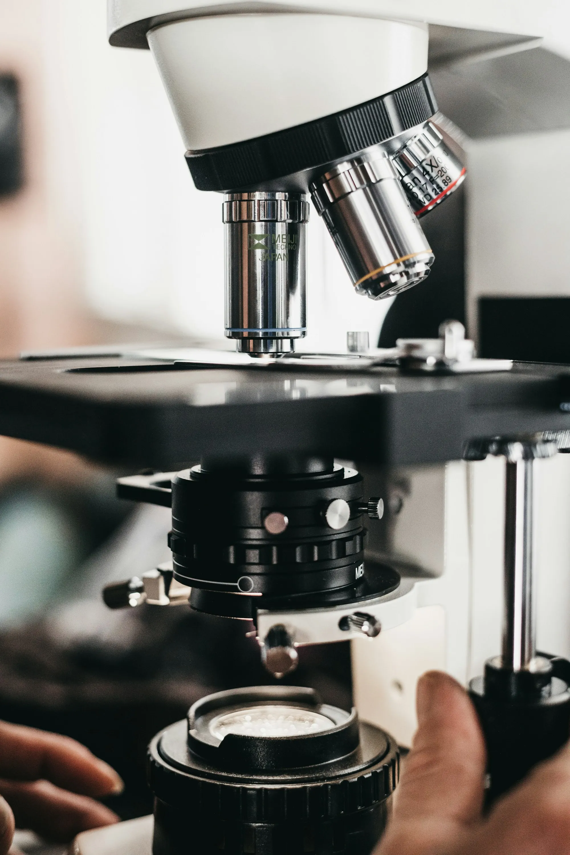 Close-up of a laboratory microscope stage